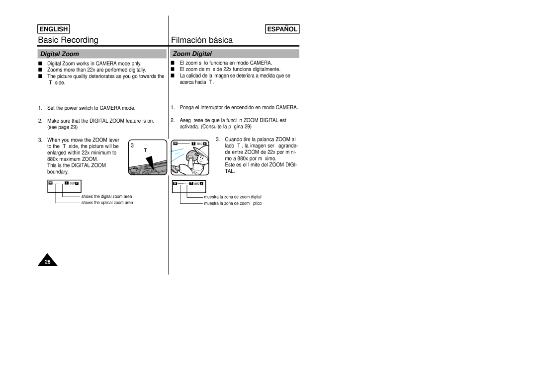 Samsung SCW80/W87 manual Basic Recording, Digital Zoom, Zoom Digital, Mo a 880x por máximo 