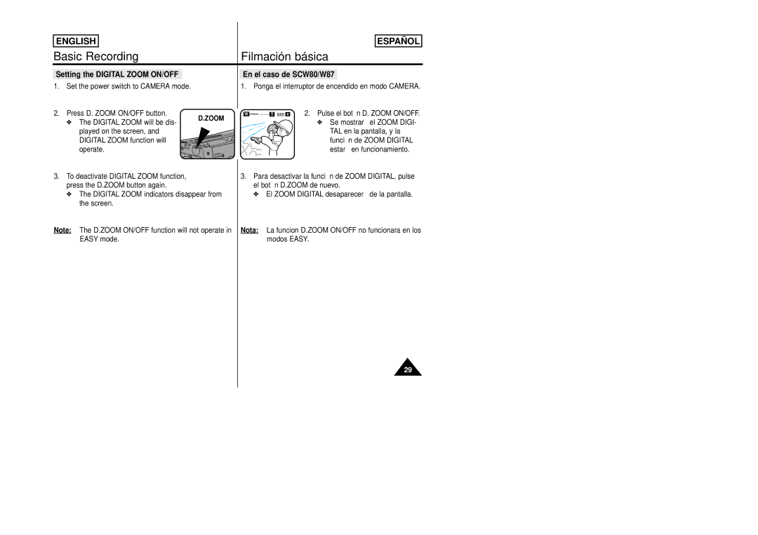 Samsung manual Setting the Digital Zoom ON/OFF En el caso de SCW80/W87, Digital Zoom will be dis 