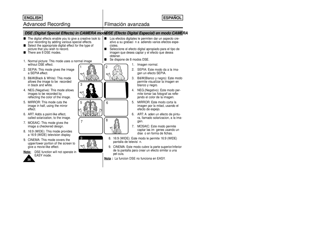 Samsung SCW80/W87 manual DSE Efecto Digital Especial en modo Camera, DSE Digital Special Effects in Camera mode 