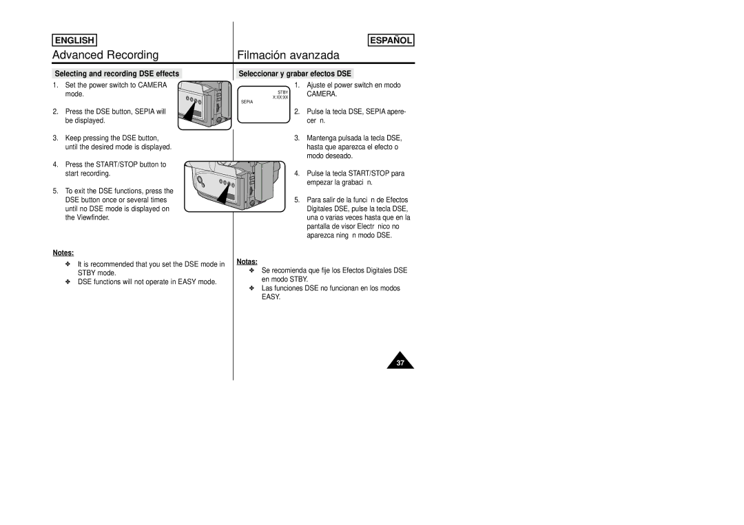 Samsung SCW80/W87 Selecting and recording DSE effects, Seleccionar y grabar efectos DSE, Ajuste el power switch en modo 