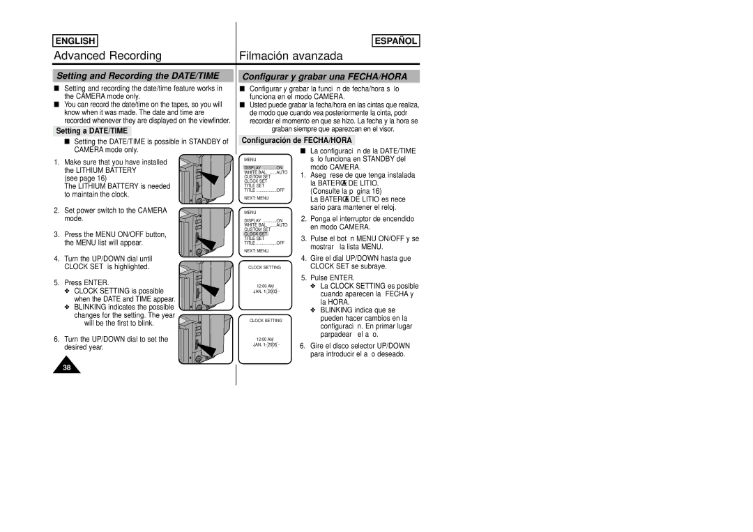 Samsung SCW80/W87 manual Setting and Recording the DATE/TIME, Configurar y grabar una FECHA/HORA, Setting a DATE/TIME 