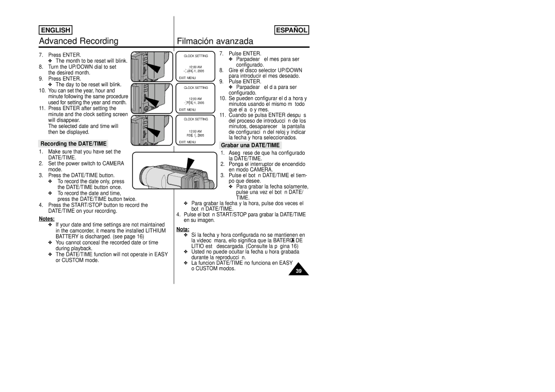 Samsung SCW80/W87 manual Recording the DATE/TIME, Grabar una DATE/TIME 