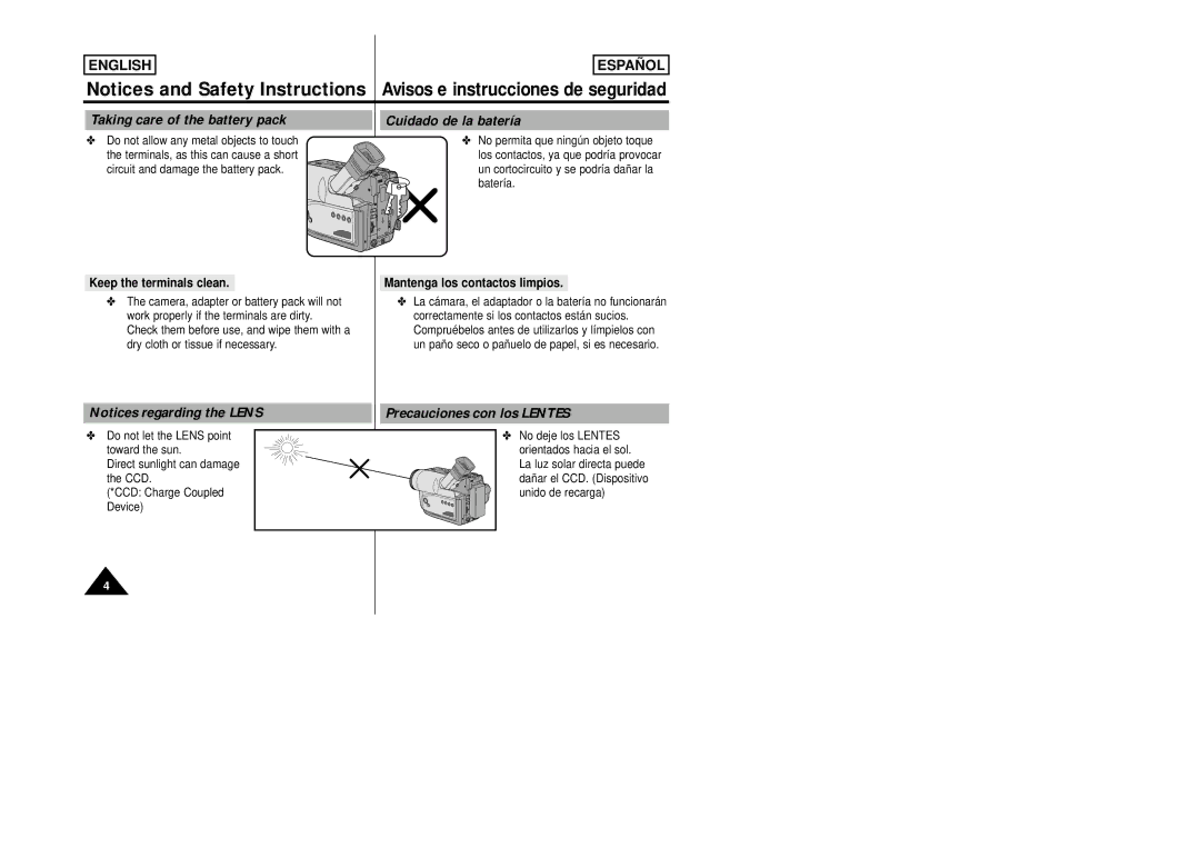 Samsung SCW80/W87 manual Taking care of the battery pack, Cuidado de la batería, Keep the terminals clean 