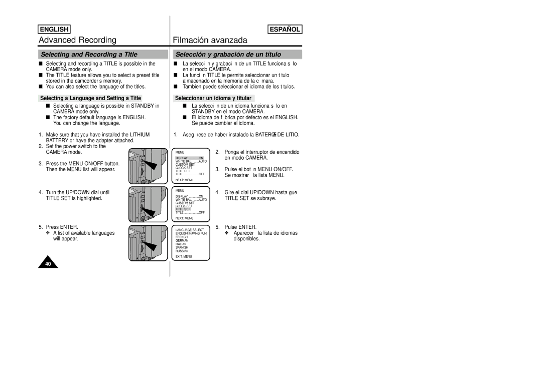 Samsung SCW80/W87 manual Selecting a Language and Setting a Title, Seleccionar un idioma y titular 