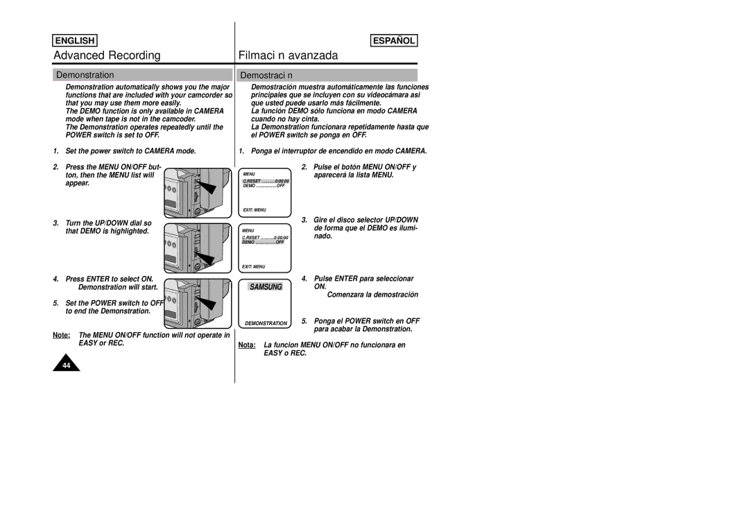 Samsung SCW80/W87 manual Demonstration, Demostración 