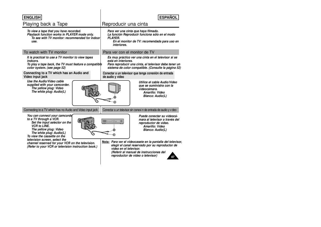 Samsung SCW80/W87 manual Playing back a Tape Reproducir una cinta, To watch with TV monitor, Para ver con el monitor de TV 