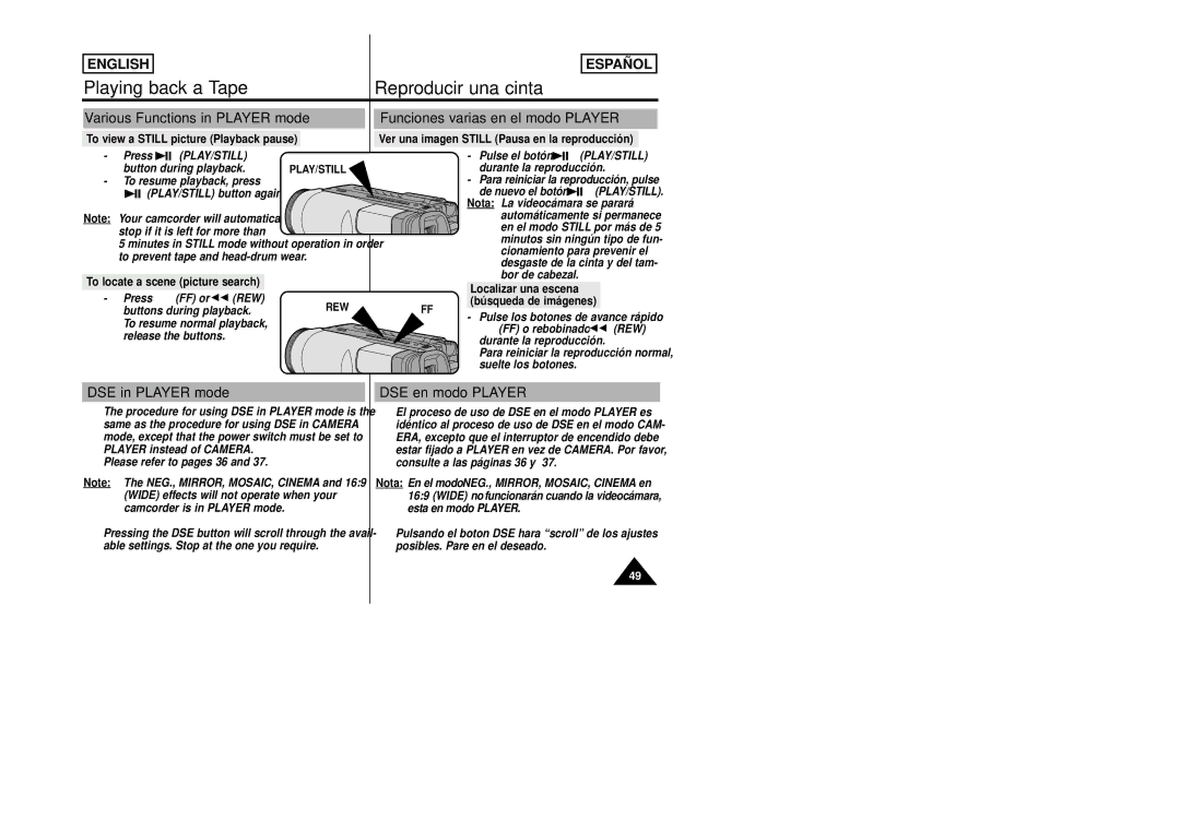 Samsung SCW80/W87 manual Various Functions in Player mode, Funciones varias en el modo Player, DSE in Player mode 