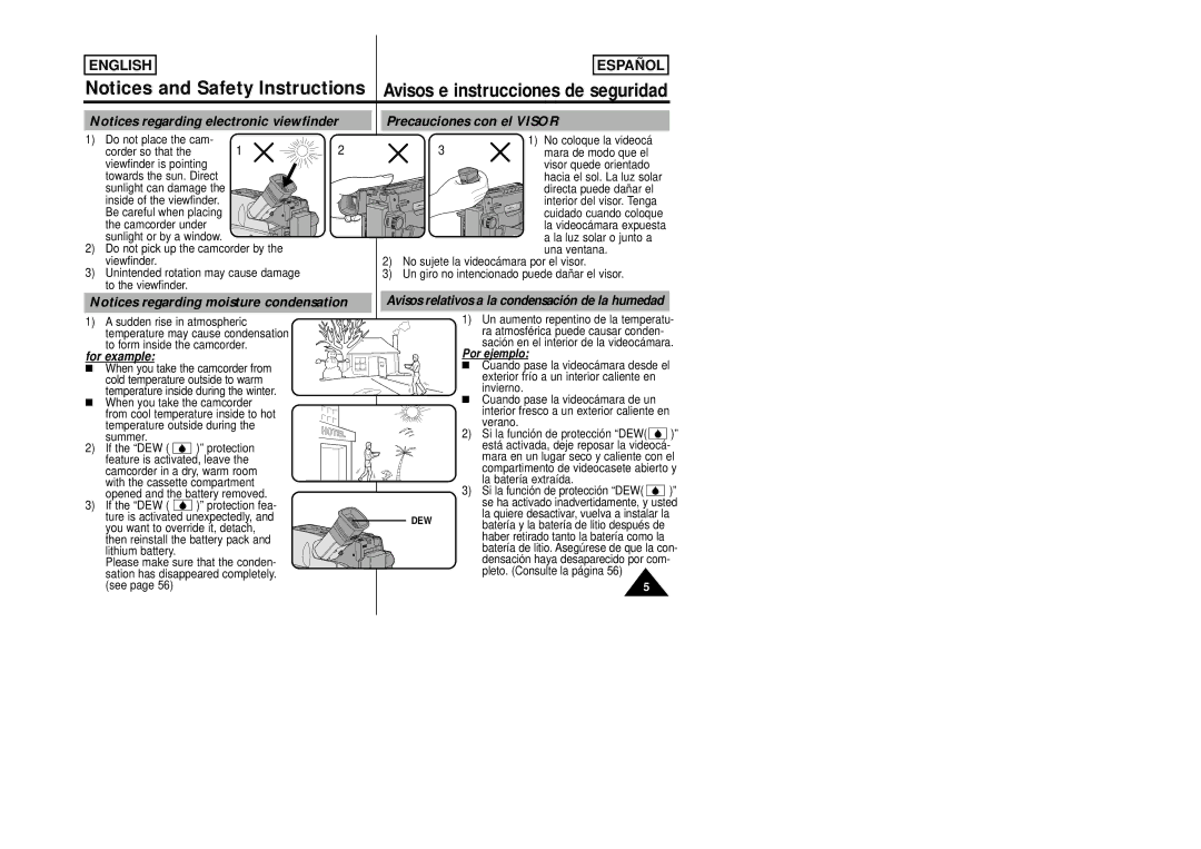 Samsung SCW80/W87 manual Precauciones con el Visor, Avisos relativos a la condensación de la humedad 