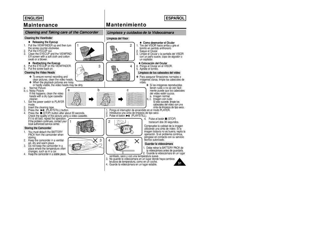 Samsung SCW80/W87 manual MaintenanceMantenimiento, Cleaning and Taking care of the Camcorder 