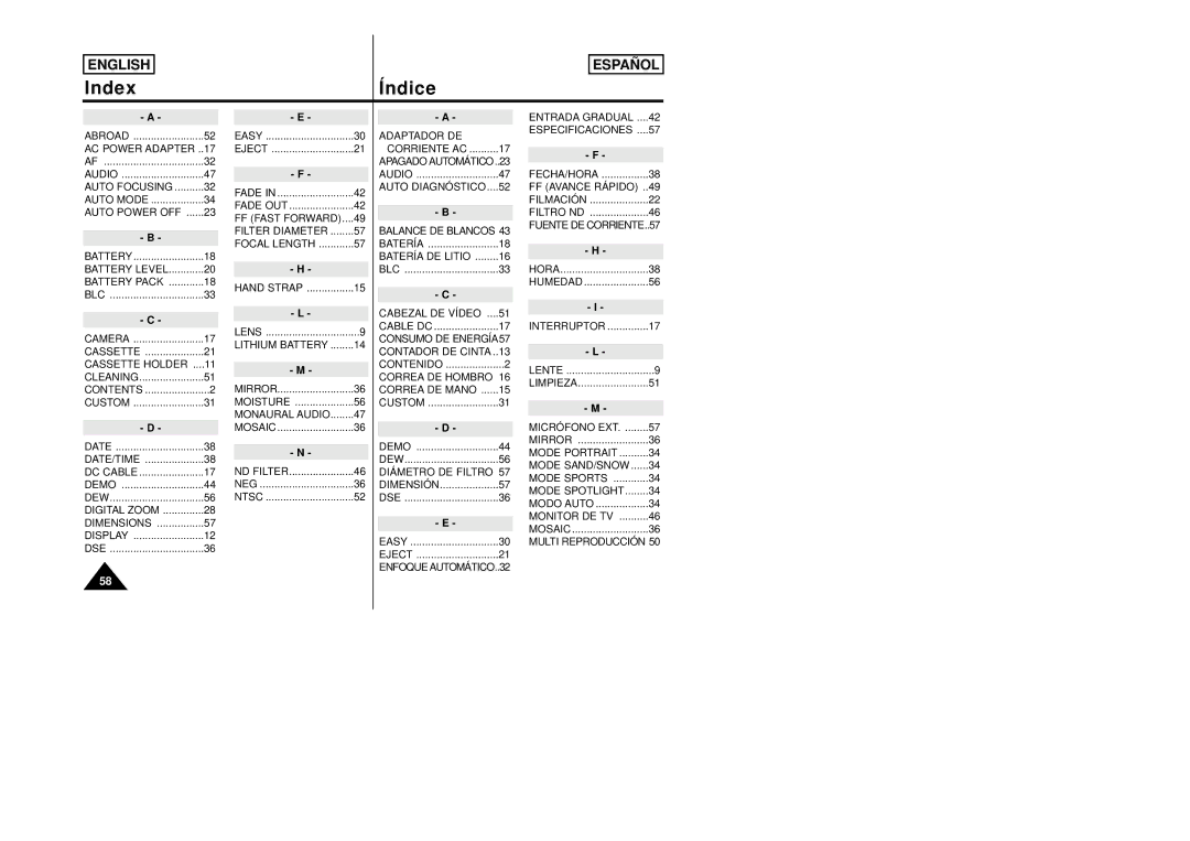 Samsung SCW80/W87 manual Index, Índice 