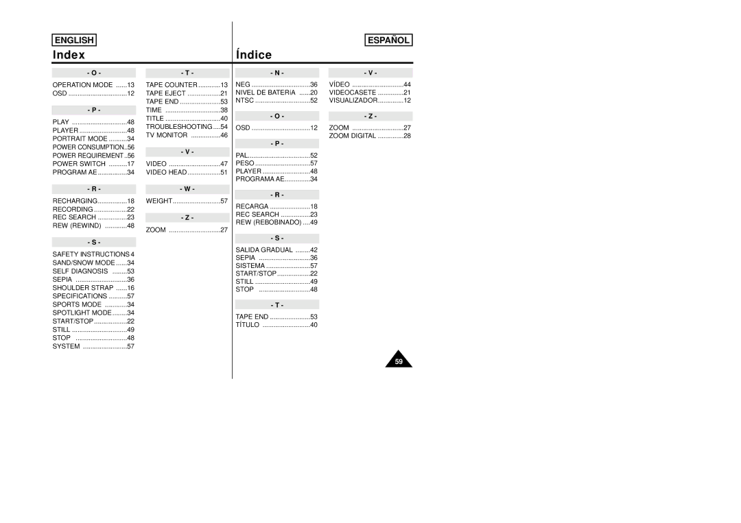 Samsung SCW80/W87 manual IndexÍndice, REW Rewind 