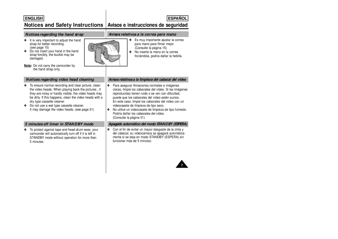 Samsung SCW80/W87 manual Avisos relativos a la correa para mano, Minutes off timer in Standby mode 