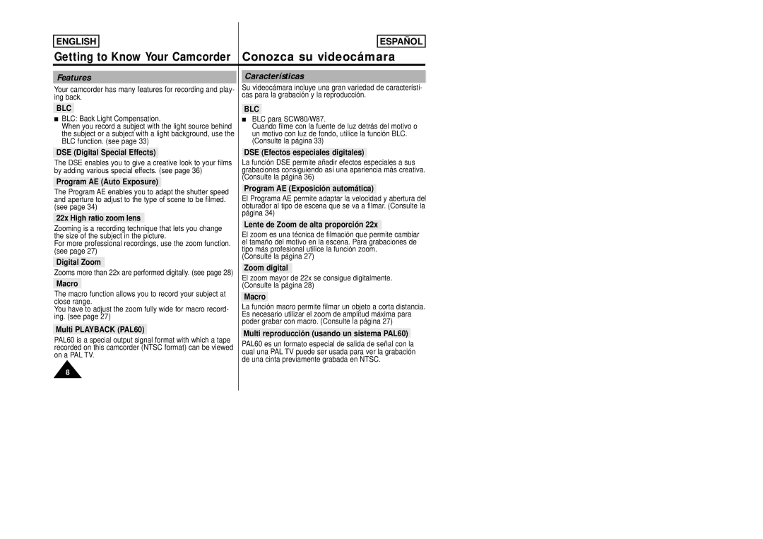 Samsung SCW80/W87 manual Features Características 