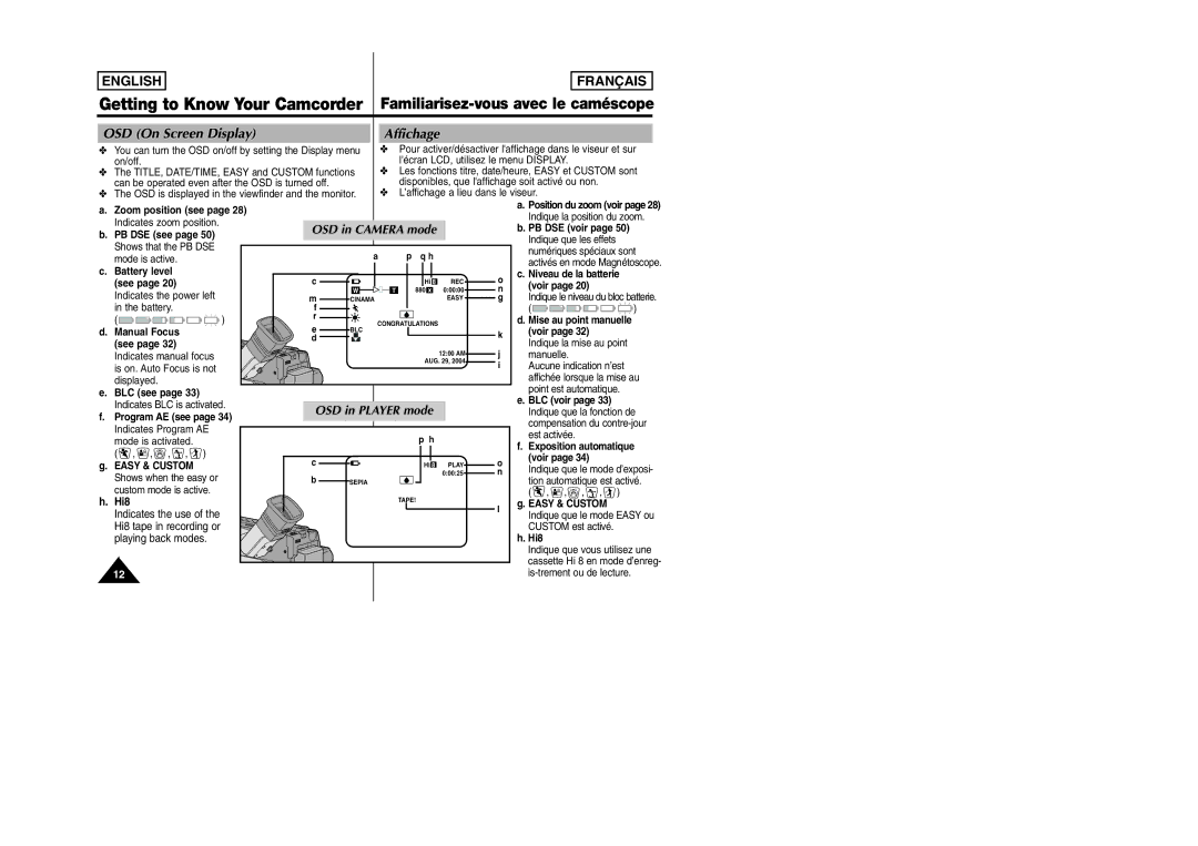 Samsung SCW97 manual OSD On Screen Display Affichage, Hi8 