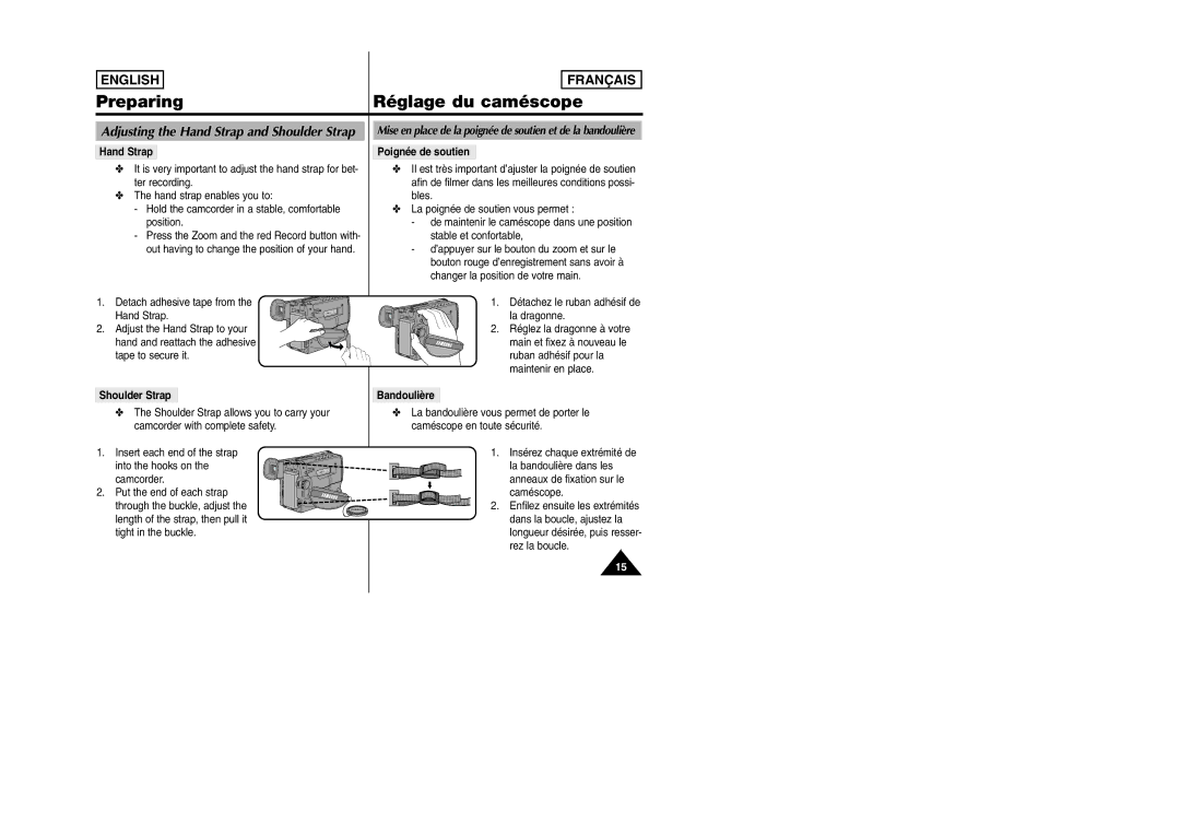 Samsung SCW97 manual Preparing Réglage du caméscope, Hand Strap, Poignée de soutien, Shoulder Strap, Bandoulière 