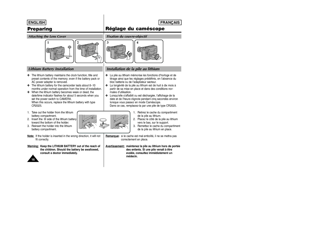 Samsung SCW97 manual Lithium Battery Installation, Installation de la pile au lithium 