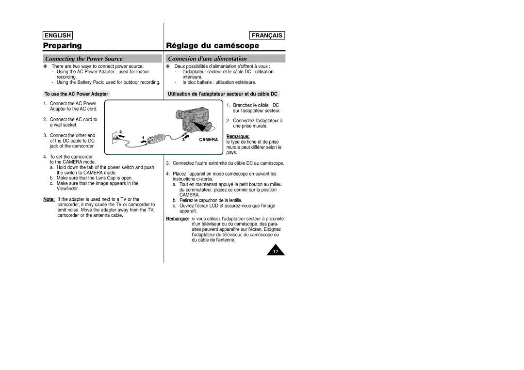 Samsung SCW97 Connecting the Power Source, Connexion d’une alimentation, To use the AC Power Adapter, Remarque, Camera 