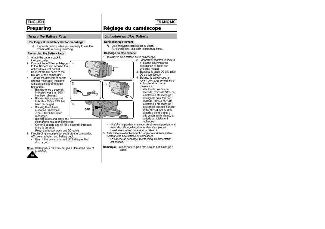 Samsung SCW97 manual To use the Battery Pack, Utilisation du Bloc Batterie, Off 