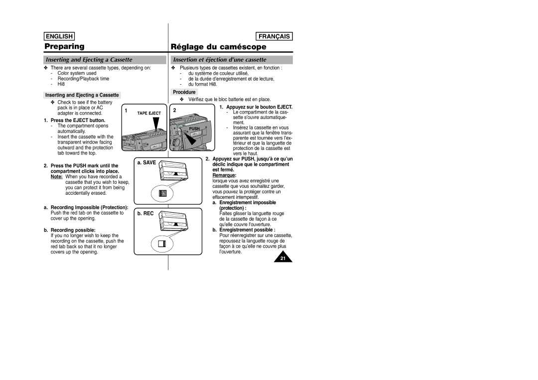 Samsung SCW97 manual Inserting and Ejecting a Cassette, Insertion et éjection d’une cassette 