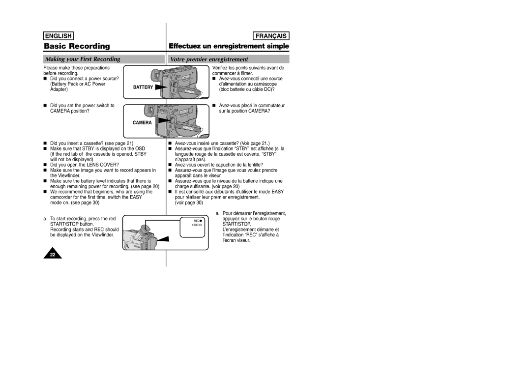 Samsung SCW97 manual Basic Recording, Making your First Recording Votre premier enregistrement, Start/Stop 