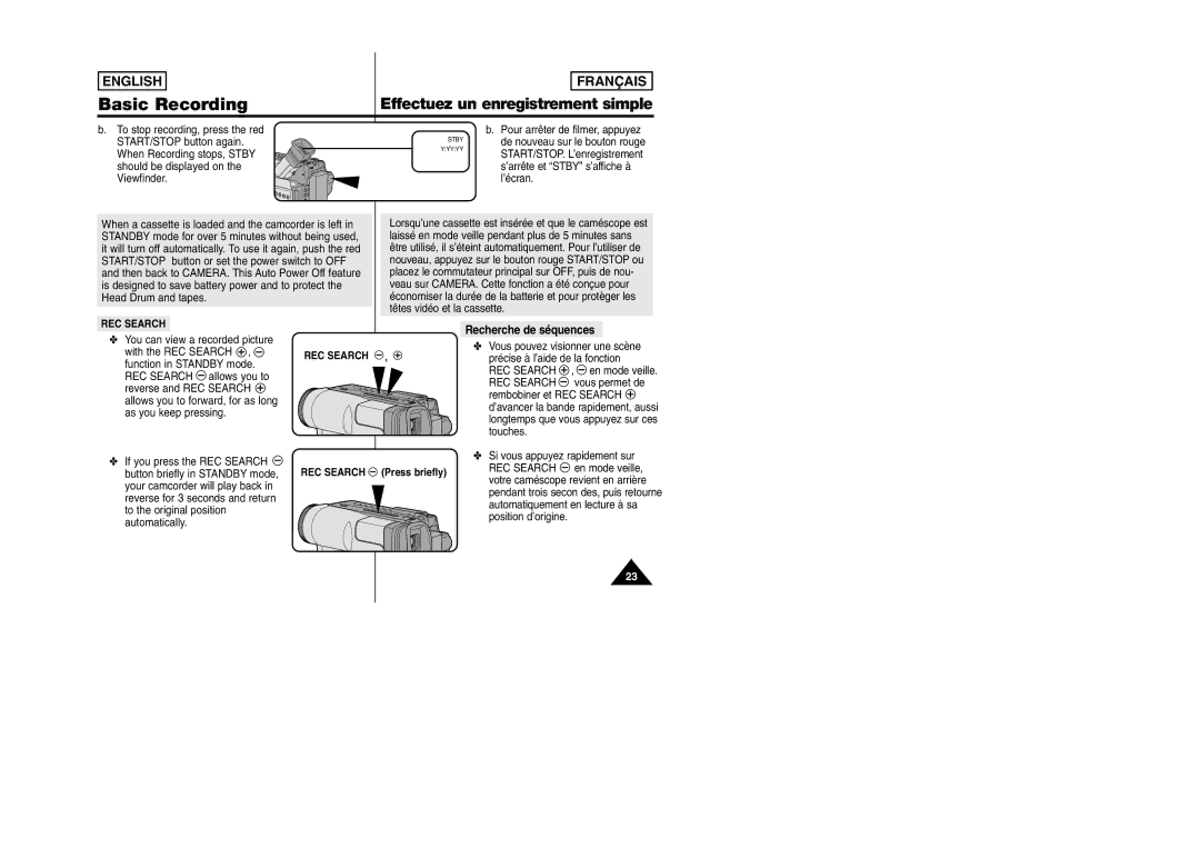 Samsung SCW97 manual You can view a recorded picture With the REC Search, Function in Standby mode, Recherche de séquences 