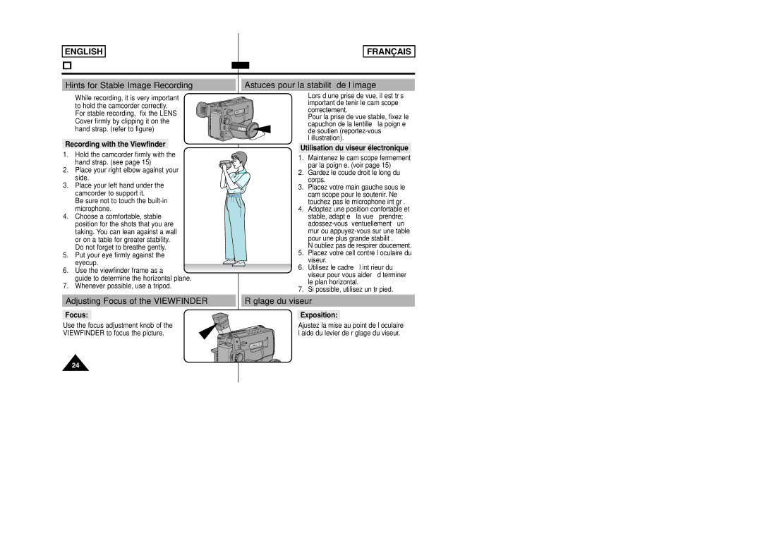 Samsung SCW97 manual Astuces pour la stabilité de l’image, Adjusting Focus of the Viewfinder 