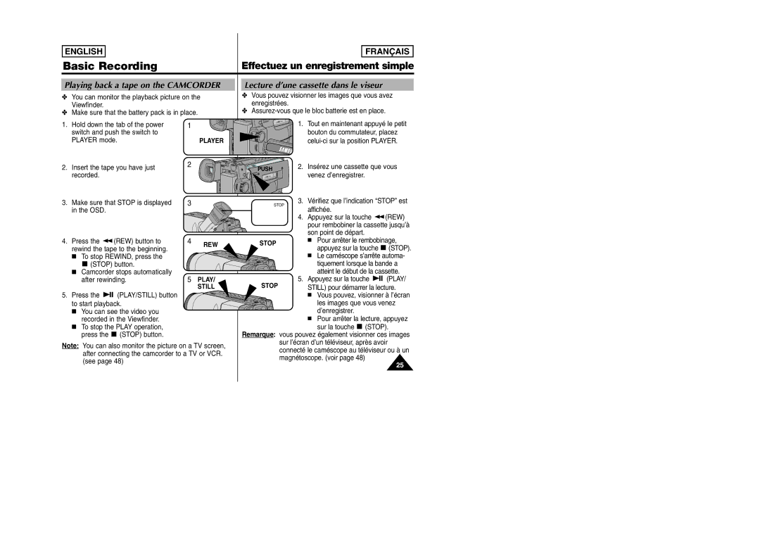 Samsung SCW97 manual Playing back a tape on the Camcorder, Lecture d’une cassette dans le viseur, Venez d’enregistrer, Rew 