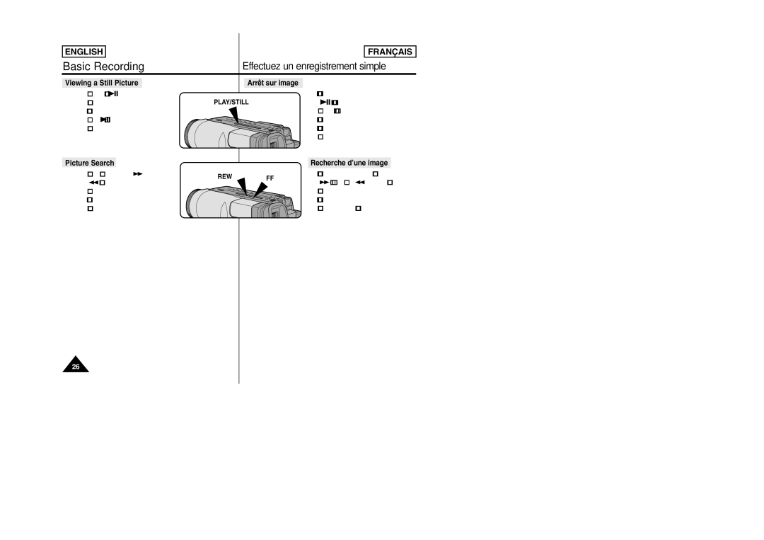 Samsung SCW97 Viewing a Still Picture, Picture Search, Arrêt sur image, Caméscope en mode pause, Recherche d’une image 