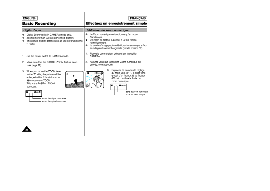 Samsung SCW97 manual Digital Zoom, Utilisation du zoom numérique, Placez le commutateur principal sur la position 