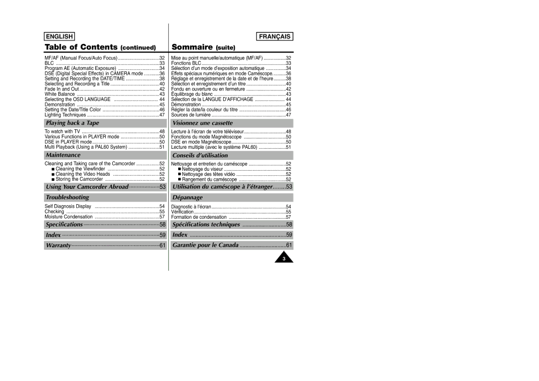 Samsung SCW97 manual Table of Contents Sommaire suite 