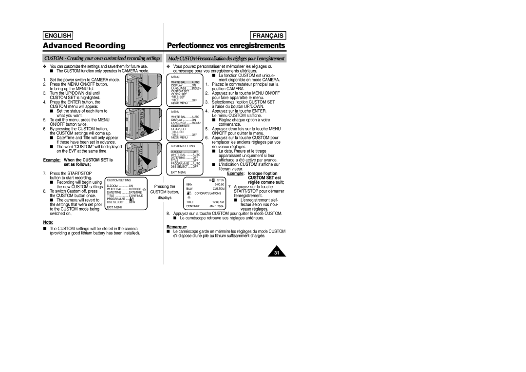 Samsung SCW97 manual Example When the Custom SET is set as follows, Exemple lorsque loption Custom SET est, Remarque 