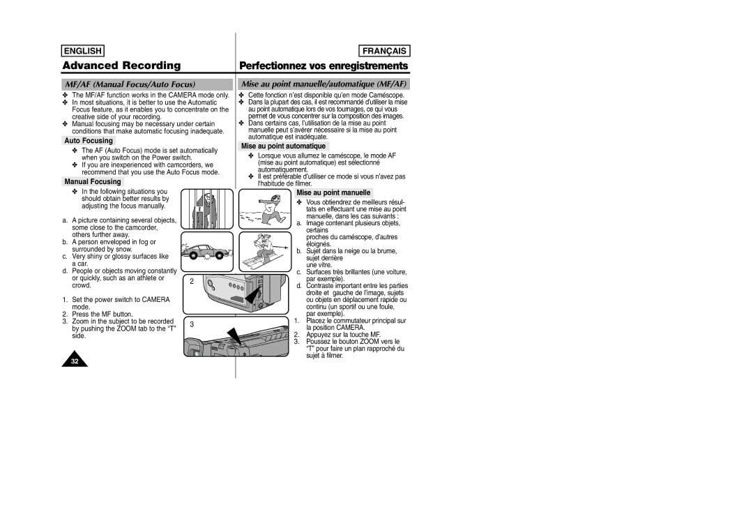 Samsung SCW97 manual Advanced Recording, MF/AF Manual Focus/Auto Focus, Mise au point manuelle/automatique MF/AF 