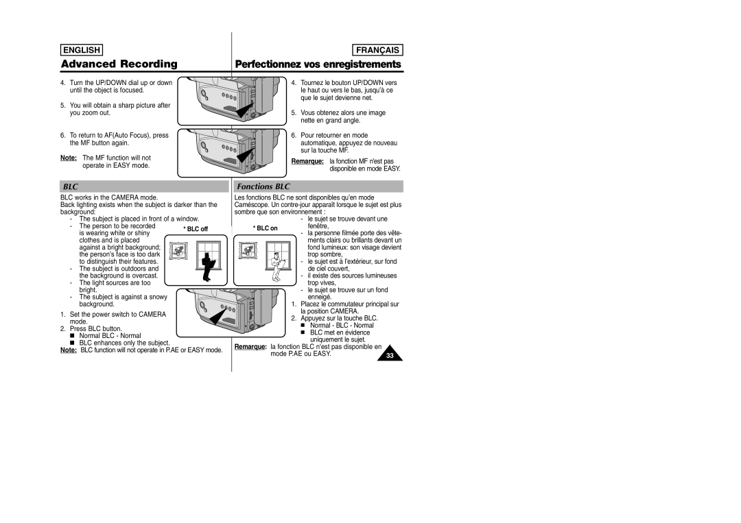 Samsung SCW97 manual Fonctions BLC, BLC met en évidence Uniquement le sujet, Mode P.AE ou Easy 