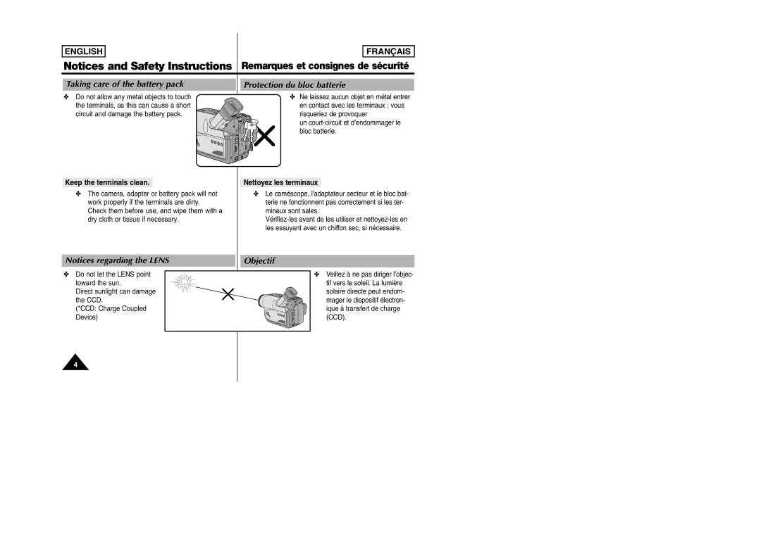 Samsung SCW97 manual Taking care of the battery pack Protection du bloc batterie, Objectif, Keep the terminals clean 