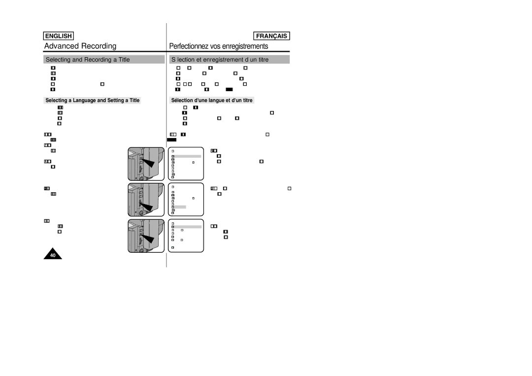 Samsung SCW97 Selecting and Recording a Title, Sélection et enregistrement d’un titre, Sélection dune langue et dun titre 