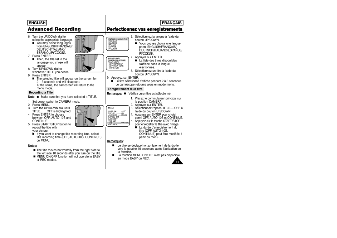 Samsung SCW97 manual Deutsch/Italiano, Recording a Title, Continue, Enregistrement dun titre 