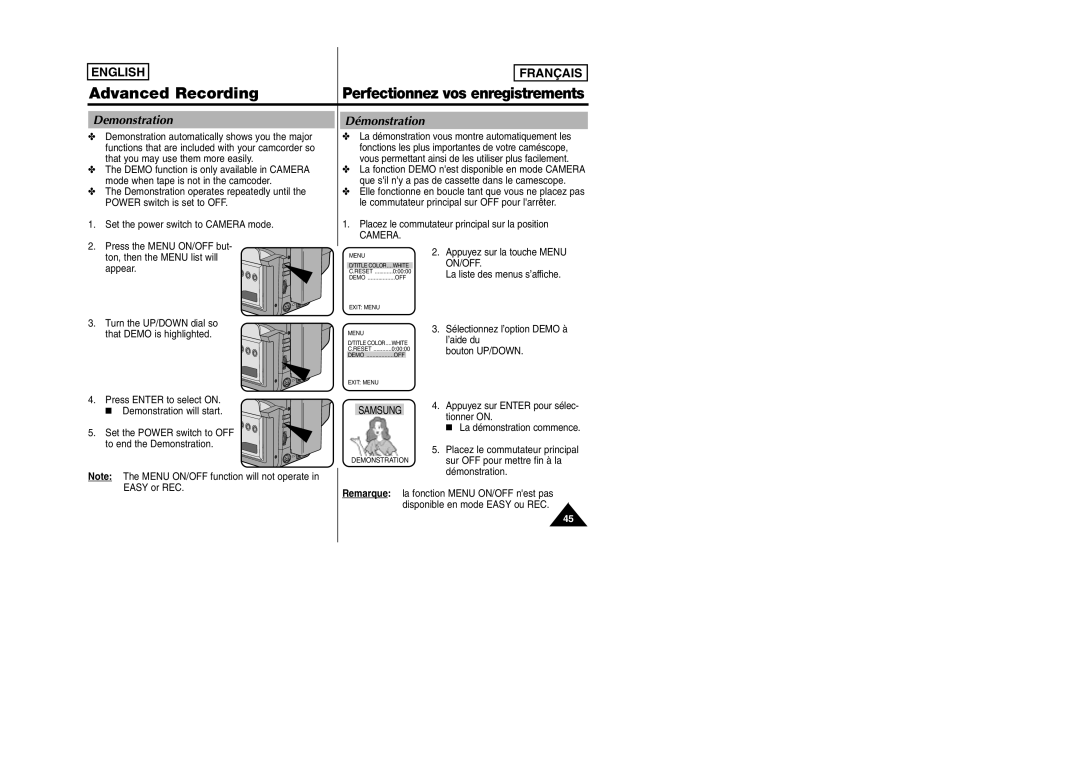 Samsung SCW97 manual Demonstration, Démonstration, Press the Menu ON/OFF but 