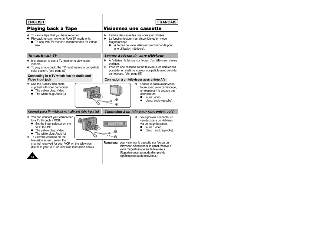 Samsung SCW97 manual Playing back a Tape Visionnez une cassette, To watch with TV, Lecture à l’écran de votre téléviseur 