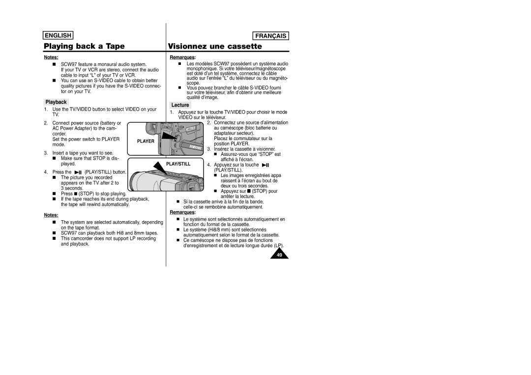 Samsung SCW97 manual Playback, Lecture, Play/Still 