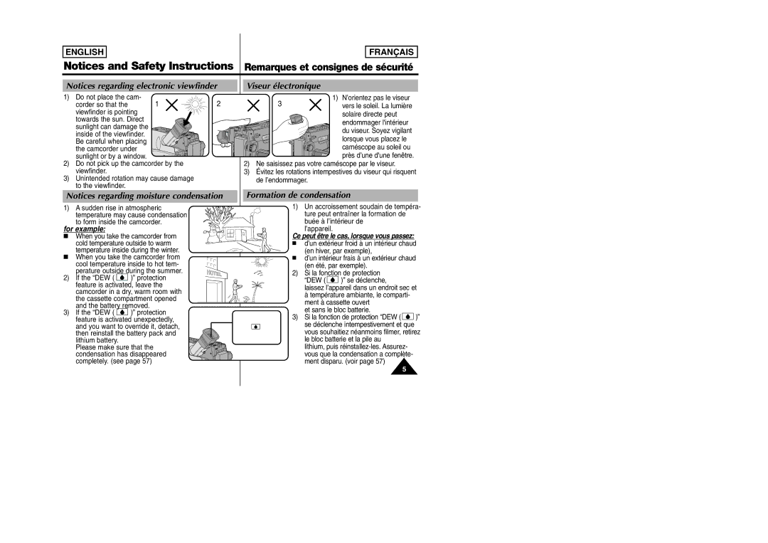 Samsung SCW97 Viseur électronique, Formation de condensation, ’orientez pas le viseur, Buée à l’intérieur de l’appareil 