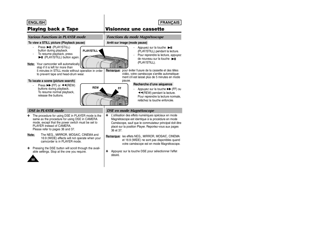 Samsung SCW97 manual Various Functions in Player mode, Fonctions du mode Magnétoscope, DSE in Player mode 