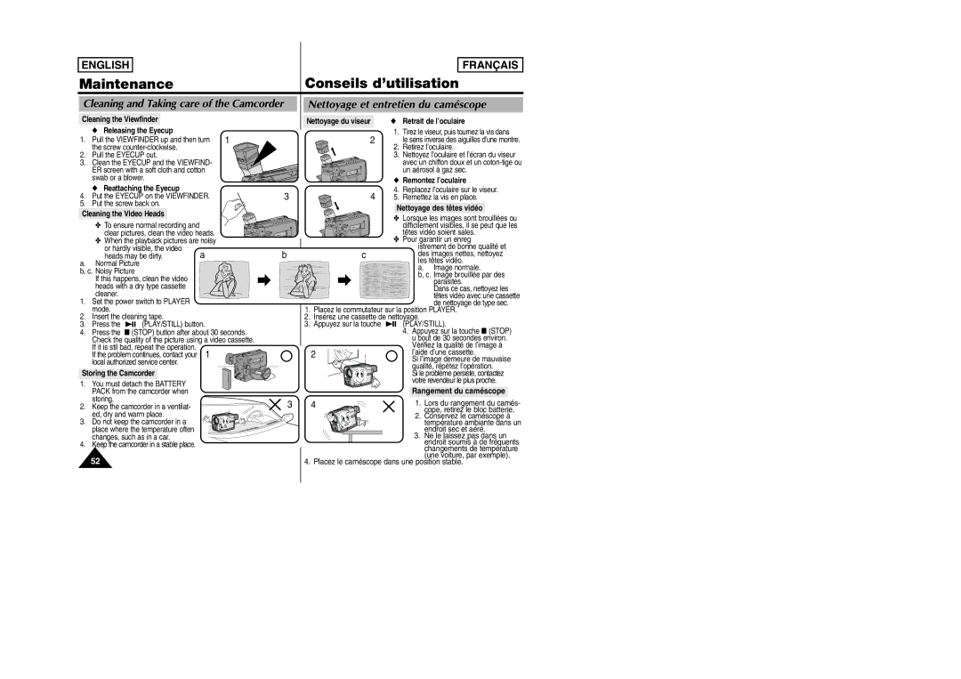 Samsung SCW97 manual Maintenance Conseils d’utilisation, Nettoyage et entretien du caméscope, Rangement du caméscope 