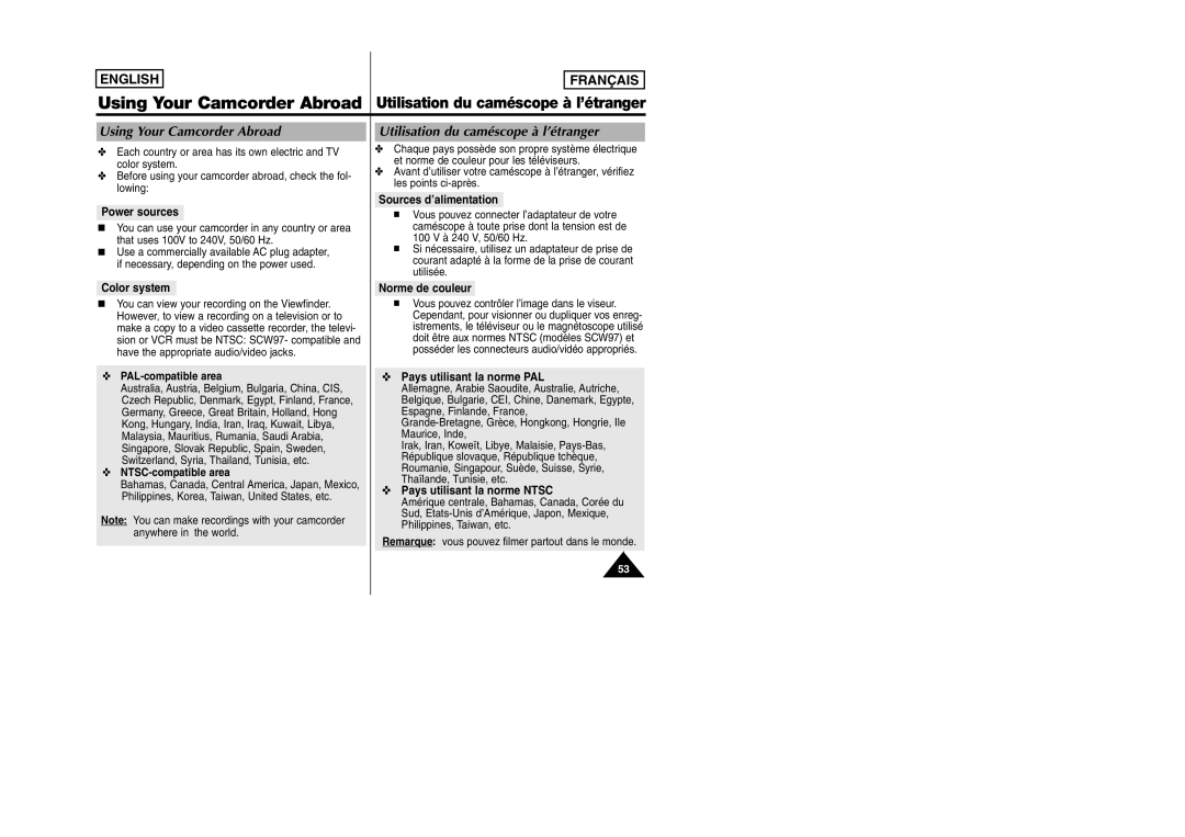 Samsung SCW97 manual Using Your Camcorder Abroad, Utilisation du caméscope à l’étranger 