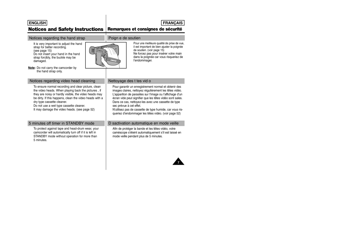 Samsung SCW97 manual Poignée de soutien, Nettoyage des têtes vidéo, Minutes off timer in Standby mode 