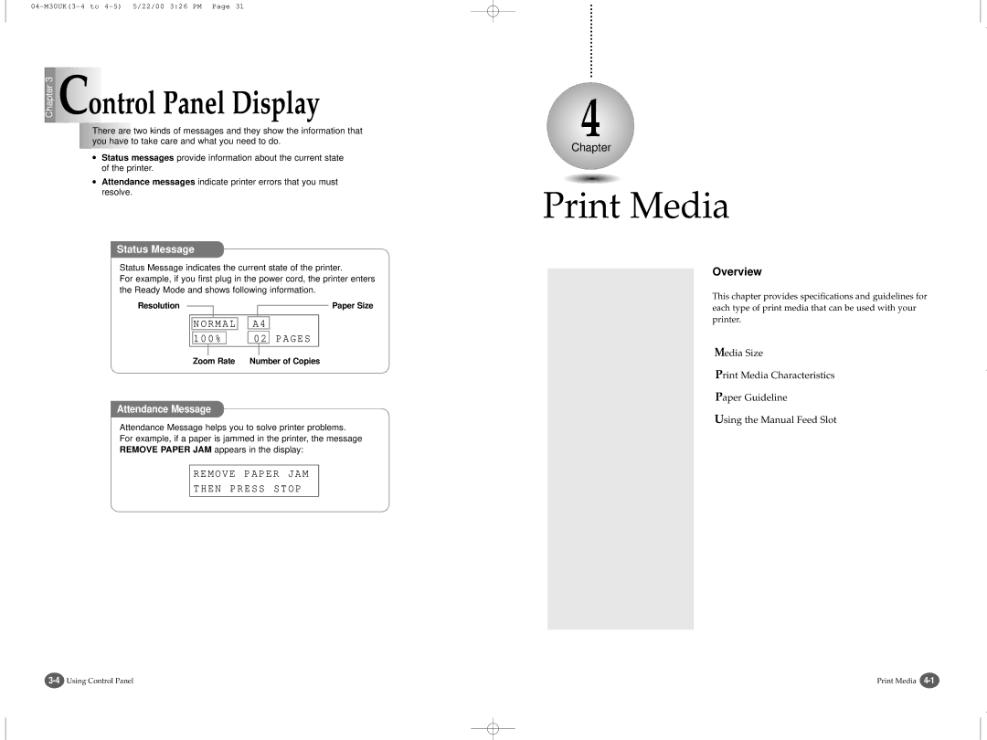 Samsung SCX-1000 Series manual Print Media, Status Message, Attendance Message 