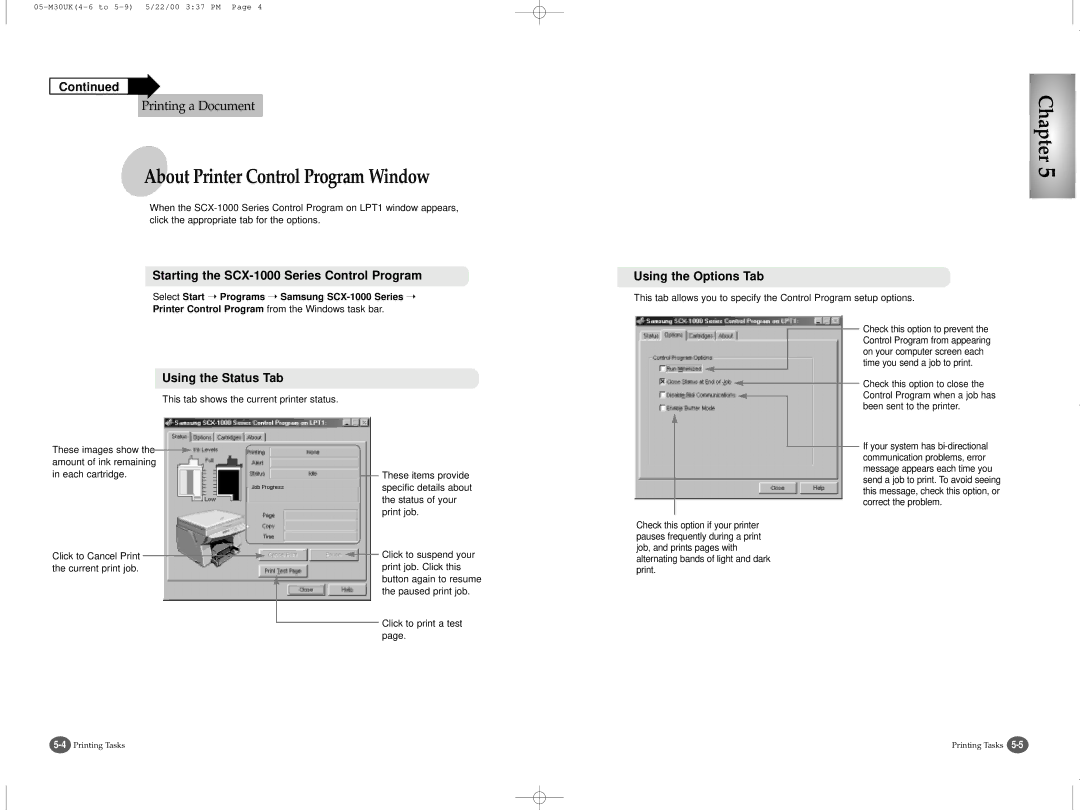 Samsung manual Starting the SCX-1000 Series Control Program, Using the Status Tab, Using the Options Tab 