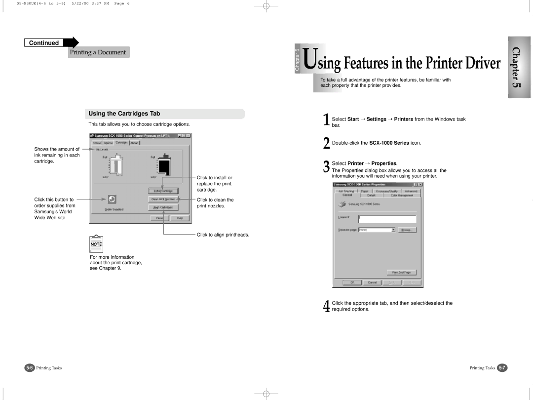 Samsung SCX-1000 Series manual Using the Cartridges Tab, This tab allows you to choose cartridge options 