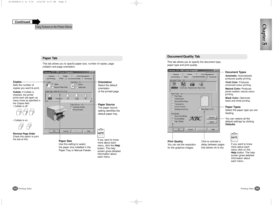 Samsung SCX-1000 Series manual Paper Tab, Document/Quality Tab 