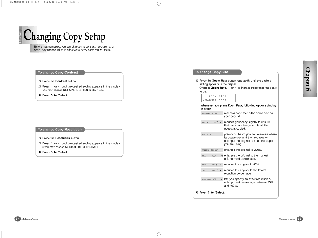 Samsung SCX-1000 Series manual To change Copy Contrast, To change Copy Resolution, To change Copy Size 