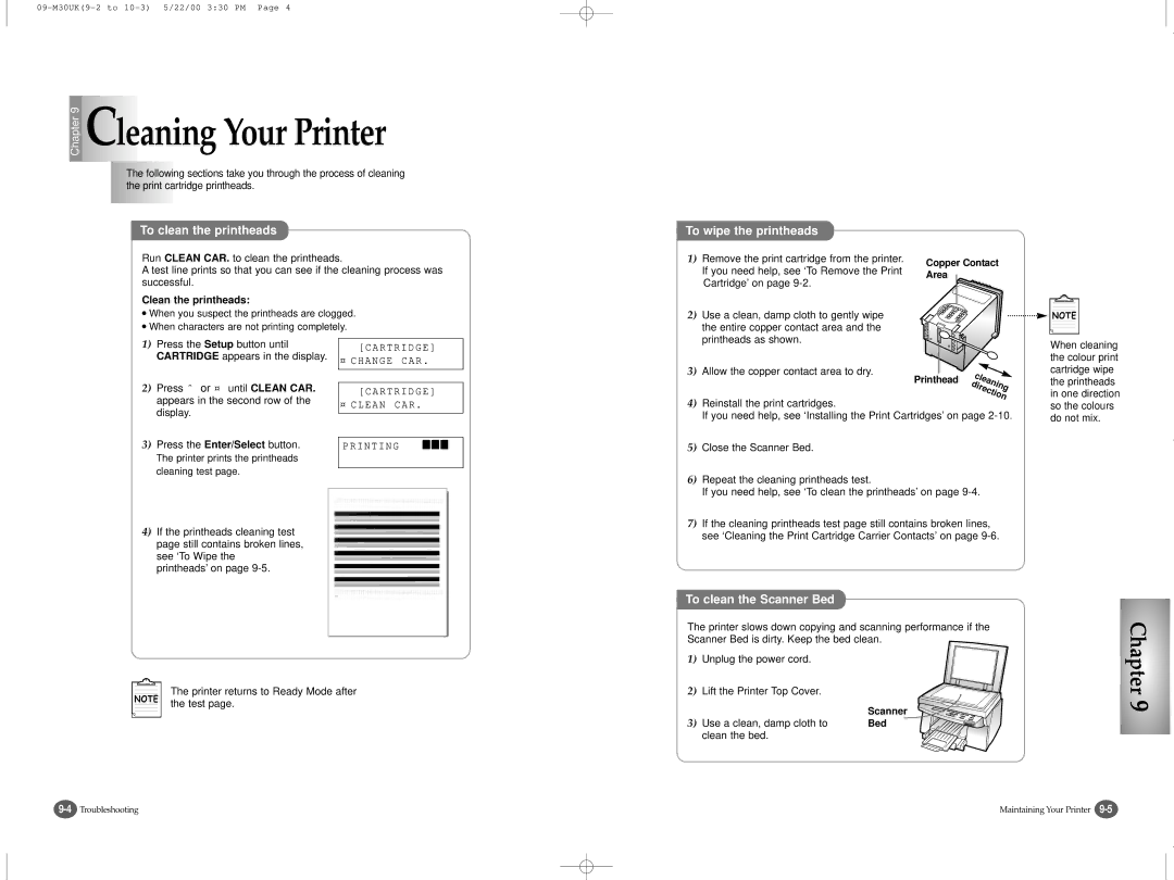 Samsung SCX-1000 Series To clean the printheads, To wipe the printheads, To clean the Scanner Bed, Clean the printheads 